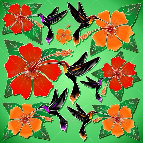 Hummingbird and Hibiscus Batik Pattern by Bluedarkat GraphicRiver